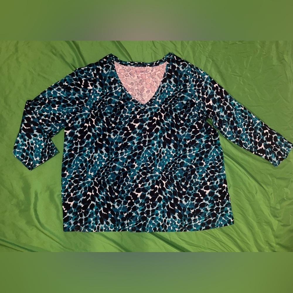 Roaman's Teal and Black Patterned 3/4 Sleeve Blouse size 2X (26/28)